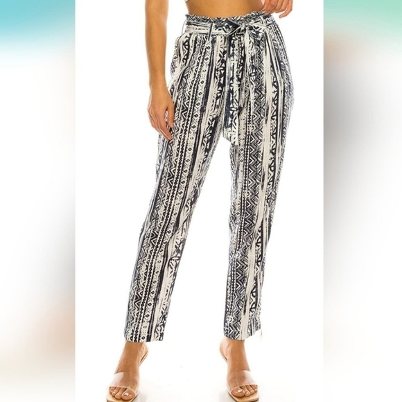 Cali1850 Pants - Cali 1850 Linen Blend Boho Paperbag Waist Pants Size M Blue White Print #1094